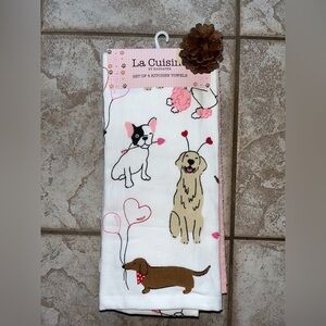 La Cuisine kitchen towels, dog print and pink set of 4. Valentine day  towels.